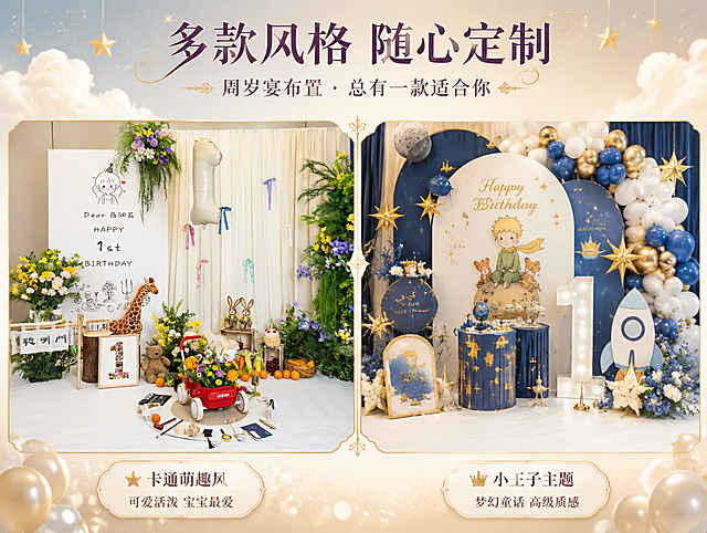 [主体] 使用【图3】卡通兔宝宝周岁宴布置和【图4】小王子主题周岁宴布置；两款布置均100%保留原图的造型结构、气球配色、KT板卡通造型、道具摆件和整体比例，不改变任何设计元素和颜色；两款并列展示，每款占画面约45%，中间用金色细分割线和装饰元素分隔。
[场景与光影] 整体为高级感宴会美学海报风格，背景为淡蓝色到香槟色的柔和渐变（呼应小王子主题），顶部有淡金色星星和云朵装饰，底部有细腻的光斑和气球剪影点缀。光影为顶部柔和暖光漫射，每款场景自带真实光影，整体统一协调。
[配色] 主色=香槟色+白色+淡紫色+金色（与套系统一），同时融入两款布置本身的蓝白和蓝黄主色；强调色=金属金，仅用于标题描边、分割线、风格标签边框和装饰线条；标题色=深紫金；正文色=深暖灰。
[文字] 顶部主标题"多款风格 随心定制"，副标题"周岁宴布置 · 总有一款适合你"。左侧【图3】下方标注风格名称"卡通萌趣风"，配小字"可爱活泼 宝宝最爱"；右侧【图4】下方标注风格名称"小王子主题"，配小字"梦幻童话 高级质感"。所有文字全部横排，手机端清晰可读。
[版式] 上下结构，上方20%为标题区，下方80%为两款场景左右并列展示，每款下方配金边圆角风格标签。四周留足安全边距，排版精美，层级分明。
[比例] 图片比例4:3横版，2K分辨率。
画面中所有信息区域、风格标签、文字区必须填充完整合理的内容，不得出现空白框、空白占位、横线待填写区域；画面中所有数字必须精确渲染，不得出现错位、遗漏或编造的数字。避免变形、错字、文字过小、冷蓝背景过重、风格错乱、二维码、绝对化用语。