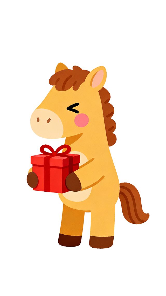 一只棕黄配色的萌系 Q 版扁平小马，带着腮红、wink 表情，双手抱着红色礼盒，朝左，手绘风格，没有描边效果，背景为纯白色。