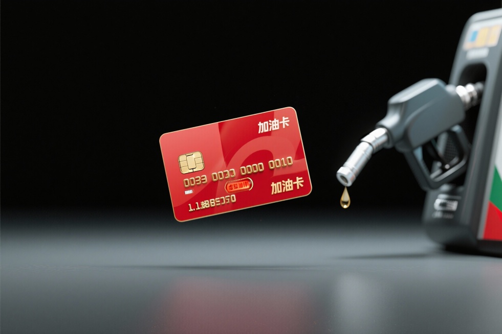 加油卡卡设计：纯黑色背景，中央悬浮一张红色金边的虚拟卡片，卡片上显示“加油卡”字样，卡片右侧装饰一个加油枪，加油枪口有一滴汽油低落。正面，整体呈现数字化、现代化视觉风格。预览效果