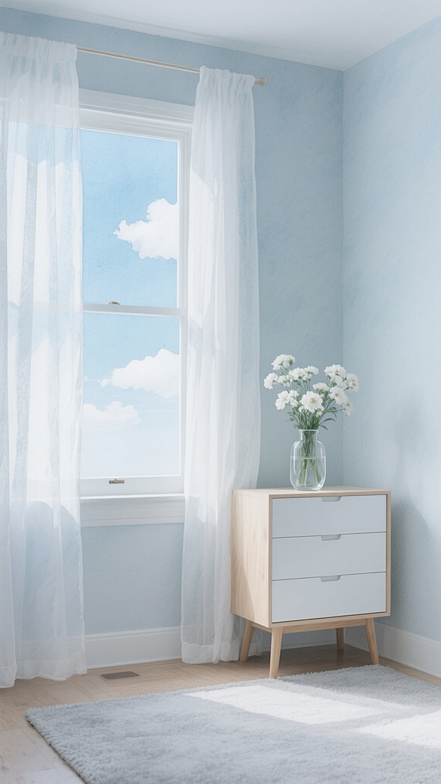 极简主义水彩风格室内场景，柔和的灰蓝色墙面，白色透光纱帘垂落于窗框两侧，窗外是淡蓝色天空与稀疏白云，窗边浅木色腿白色抽屉柜上摆放透明玻璃花瓶，插满白色花朵，地面铺浅灰色地毯，整体色调清新淡雅，光线柔和明亮，营造宁静通透的氛围，线条简洁流畅，色彩晕染自然，保留水彩特有的轻盈通透质感与微妙笔触纹理。