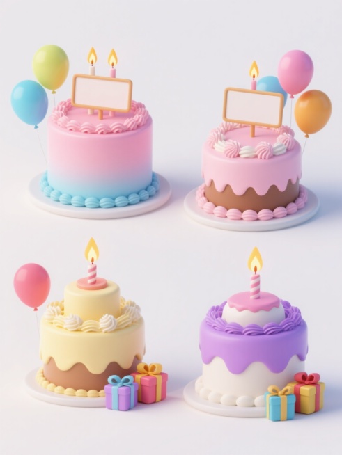 四个排列整齐的3D风格生日蛋糕，每个蛋糕外观样式各异，分别采用不同的配色方案（如粉色系、粉蓝渐变、奶油黄与浅棕搭配、粉紫与白色组合），均为双层结构，表面覆盖光滑奶油并带有精致裱花装饰，顶部插有两根带火焰的蜡烛和一个空白长方形牌子，周围环绕彩色气球（颜色与各自蛋糕配色呼应），底部有三个不同颜色的礼物盒，整体置于纯白色背景上，光影柔和，立体感强，细节丰富，保持统一的3D渲染质感和欢快氛围。预览效果