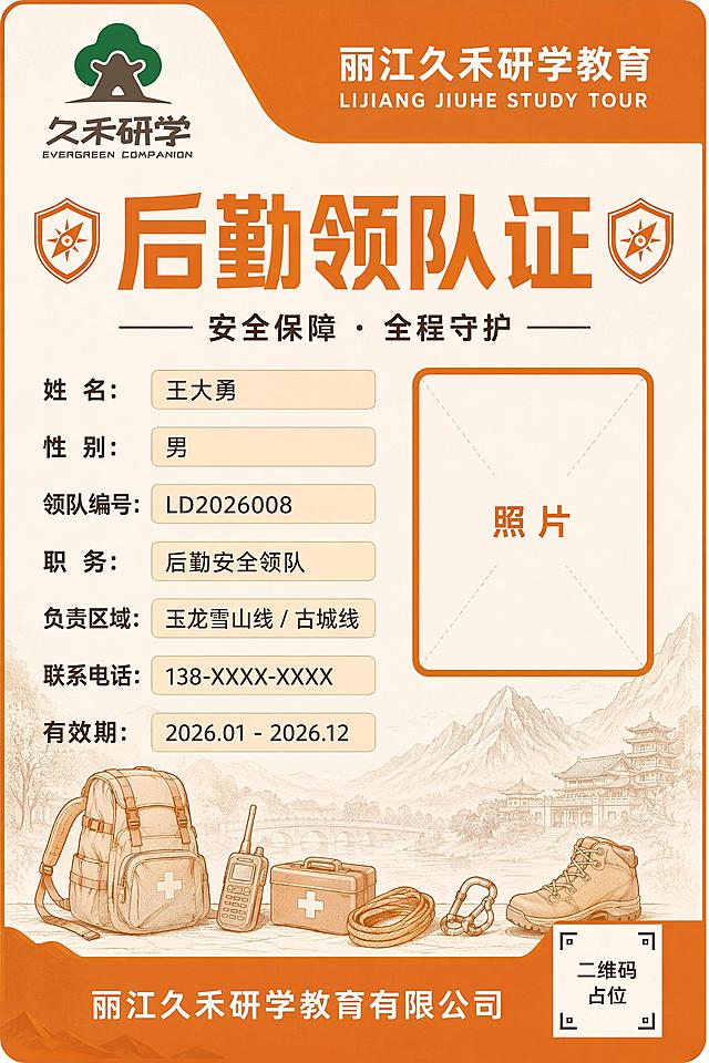 一张竖版后勤领队证正面设计模板，比例2:3，证件卡风格。主色调：暖橙色(#e07b39)+深棕色(#5c3d2e)+米白底，醒目可靠有行动力。

左上角放置真实Logo：一棵深绿色大树冠下有棕色禾苗造型，下方棕色"久禾研学"四个字，再下方英文"EVERGREEN COMPANION"。Logo必须清晰完整呈现，可适当缩小保持协调。

卡面结构：
1. 顶部：暖橙色顶栏，左侧放上述完整Logo，右侧上方公司名"丽江久禾研学教育"白色字，下方小字英文"LIJIANG JIUHE STUDY TOUR"。
2. 主标题：居中大字号"后勤领队证"，暖橙色，字体醒目有力有设计感，两侧有盾牌/指南针装饰元素。
3. 副标题：主标题下方小字"安全保障 · 全程守护"，深棕色。
4. 照片区：卡面中上部偏右，一寸标准照片占位框，暖橙色粗边框，框内标注"照片"。
5. 信息区：照片左侧及下方排列领队信息字段，标签深棕色，内容区浅橙米色底填充示例内容——
   姓名：王大勇
   性别：男
   领队编号：LD2026008
   职务：后勤安全领队
   负责区域：玉龙雪山线 / 古城线
   联系电话：138-XXXX-XXXX
   有效期：2026.01 - 2026.12
6. 底部：暖橙色底栏，中间"丽江久禾研学教育有限公司"白色字，右侧方形二维码占位框标注"二维码占位"。

背景融入淡丽江山水剪影和户外装备线条元素，整体醒目活力、可靠有安全感，符合后勤领队行动力气质。版式精美，四周留安全边距，所有信息区域填充完整内容。