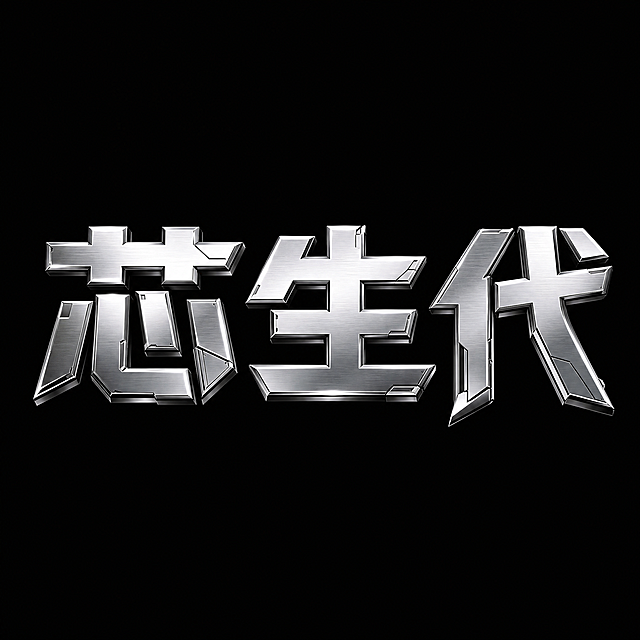 干净的纯黑色背景。
3D艺术字体设计，主体文字“芯生代”，所有文字单行横向排列，视觉冲击金属机甲风格，字体为粗体黑体结构，笔画带有尖锐棱角和机械切割细节，亮银色金属拉丝质感，高反射率，强烈高光与深邃暗部对比。
仅包含3个字："芯生代"，不得增加、遗漏或替换任何一个字。
文字整体必须完整呈现在画面内不可被裁切，四周留有安全边距。比例1:1。