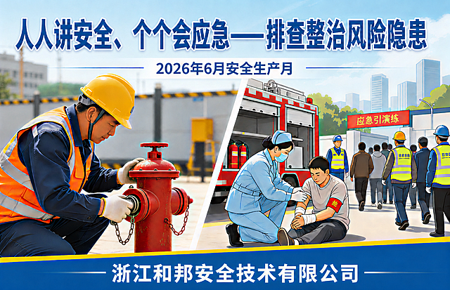 将海报底部的"安全第一，预防为主"替换为"浙江和邦安全技术有限公司"，其余内容、构图和风格保持不变