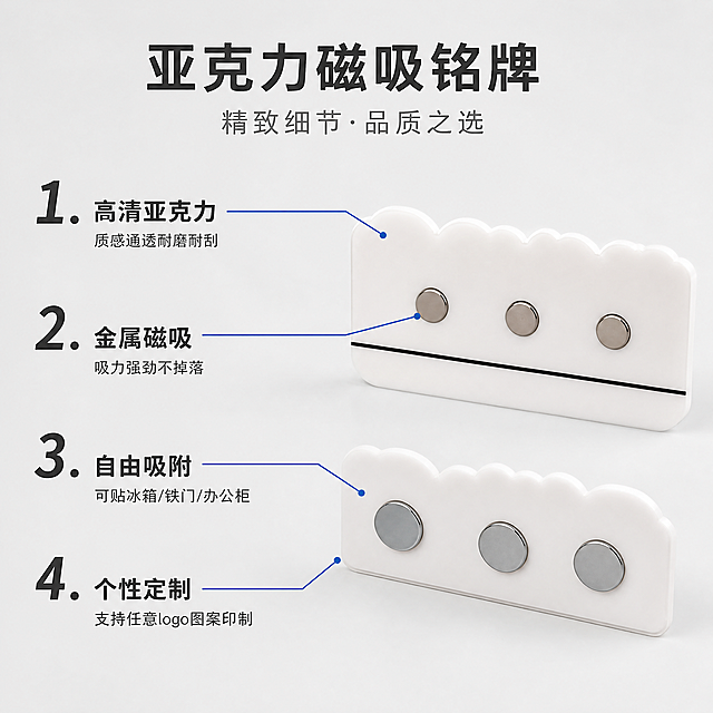 「图片1」「图片1」「图片1」「图片1」「图片1」，需要制作主图其他图片 亚克力材质，背面搭配金属磁吸，可自由吸附，吸力强劲，支持logo个性化定制