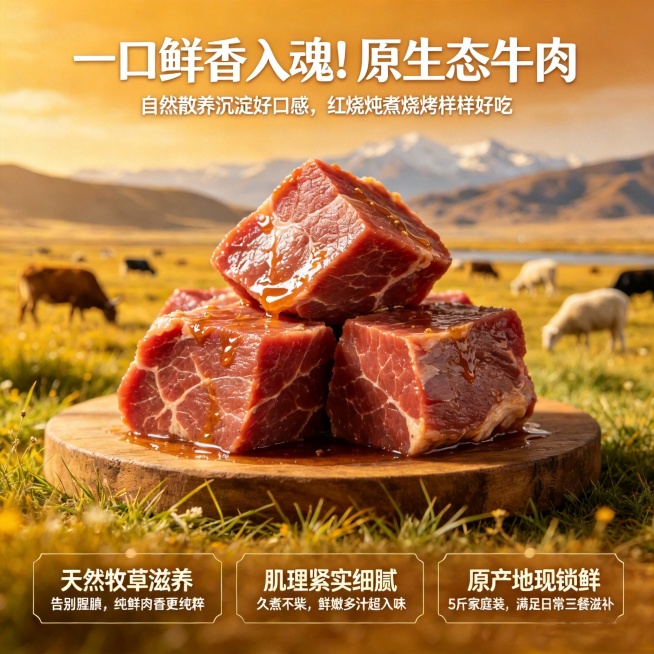 去掉标题文字里的“新疆高原”字样，修改为“一口鲜香入魂!原生态牛肉”，保留其余所有文案和内容，牛肉产品和场景保持不变，整体风格不变预览效果