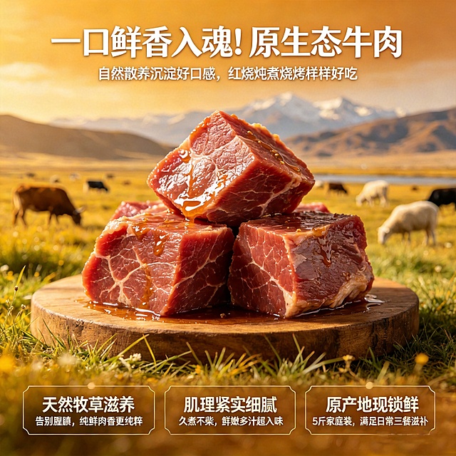 去掉标题文字里的“新疆高原”字样，修改为“一口鲜香入魂!原生态牛肉”，保留其余所有文案和内容，牛肉产品和场景保持不变，整体风格不变
