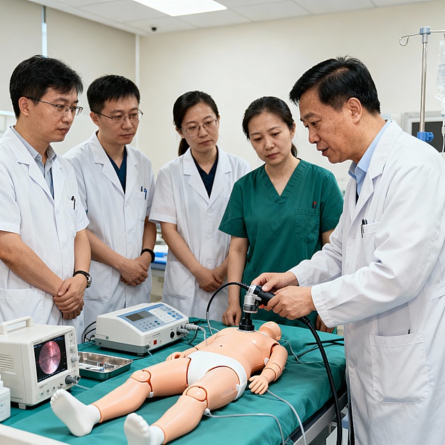 请生成五张培训的图片，不要出现外国人，是我方工作人员给医院的医护人员培训，不要戴工牌，不要出现任何单位的标志