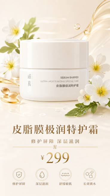 [第3屏] 皮脂膜极润特护霜产品展示区块
[氛围风格] 高端美妆品牌风格，米白色主色调，商业摄影，4K超高清，柔和光晕，瓶身晶莹剔透
[元素布局] 皮脂膜极润特护霜产品位于本区块中央，保持罐身外观、结预览效果