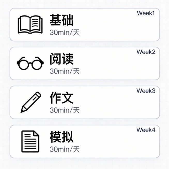 Clean Feishu Doc screenshot mockup showing 4-week roadmap: Week1 基础, Week2 阅读, Week3 作文, Week4 模拟. E预览效果