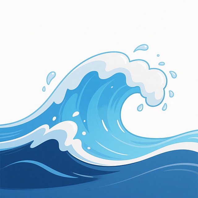 白色背景上的卡通风格海浪插画，采用明亮的蓝白渐变色彩，波浪线条流畅圆润，浪花边缘有清晰的白色高光和飞溅的水滴细节，整体呈现出欢快活泼的氛围，海浪形态富有动感，底部有深蓝色的阴影增强立体感，保持平滑的数字绘画质感和简洁的构图。