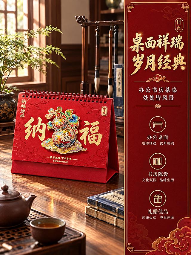 [商品] 使用【图3】纳福迎祥葫芦款台历图；保留红色台历封面、立体珐琅彩葫芦造型（带福字、祥云、叶片）、烫金"纳福"大字、红色线圈和三角底座；增强珐琅立体浮雕质感和金色描边光泽。
[画面] 页面目标：场景种草，展示台历在真实生活场景中的摆放效果。构图：左场景右文的布局，左侧约65%为场景画面，右侧35%为文字信息区；场景为新中式书房桌面，深胡桃木书桌上摆放着台历，旁边有紫砂茶壶、毛笔架、线装书和一小盆文竹；自然光从左侧窗户照入，在桌面形成柔和光影；台历呈45度角摆放，珐琅葫芦立体造型清晰可见；右侧文字区为深红底配金色边框卡片。
[视觉] 套系策略：风格=国潮非遗高端商业摄影；标题字=大气烫金书法体；正文字=精致宋体；主色=中国红；背景延展=深红渐变+金色祥云纹样+暗纹底纹；强调色=烫金色，仅用于标题、图标、装饰线条和珐琅描边；标题色=烫金色；正文色=米白色；组件=祥云纹金边卡片、传统回纹边框、圆形印章元素；光影=自然窗边暖光，左明右暗，台历珐琅部分有自然高光，桌面有真实接触阴影和反射。
[文字] 右侧上方主标题"桌面祥瑞 岁月经典"烫金书法体；副标题"办公书房茶桌 处处皆风景"米白色宋体；下方三个金色图标配文字："办公桌面"配小桌图标、"书房陈设"配书架图标、"礼赠佳品"配礼盒图标；每个图标下方有简短说明文字；所有文字横排，层级分明。
[规格] 图片比例3:4竖版，2K分辨率，避免变形、错字、文字过小、冷蓝背景、场景虚假、悬浮感、平台Logo水印。