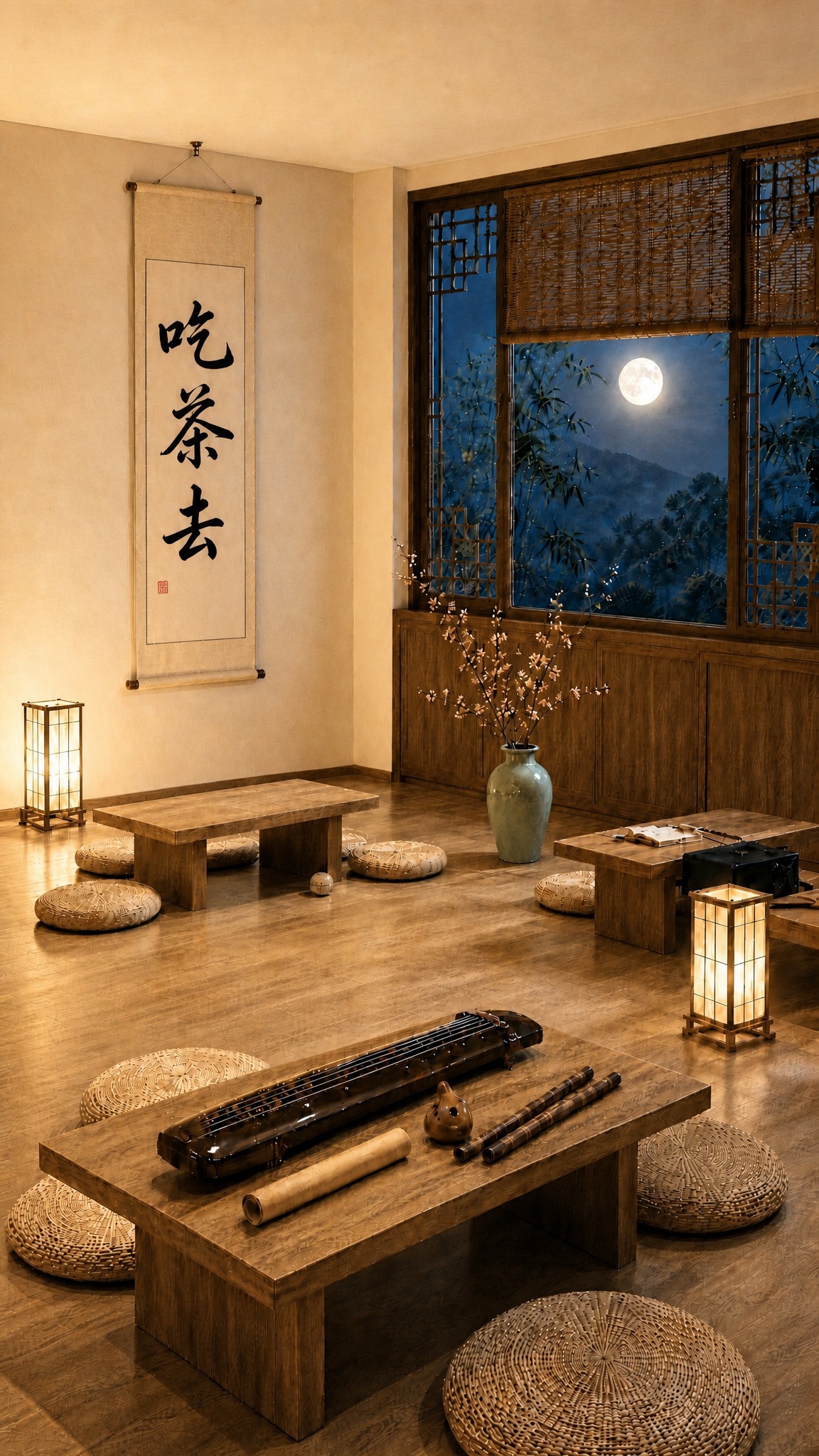 将墙上卷轴中的字画替换为第二张图中完全一样的"吃茶去"书法作品… - 图片创意预览
