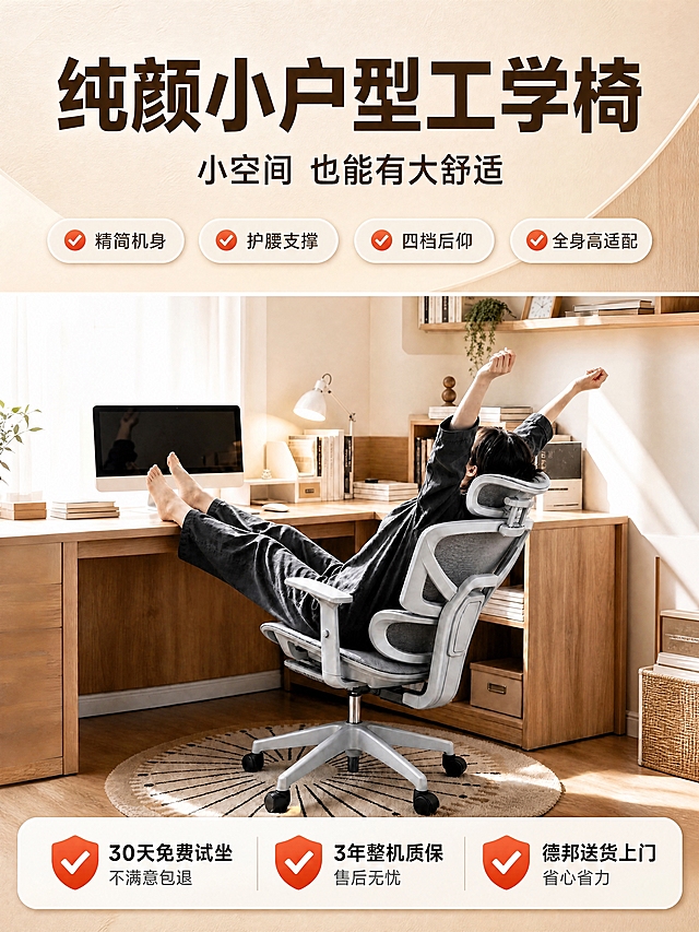 [商品] 使用【图8】灰色网布人体工学椅首图；保留哑光灰椅架、网布椅背、头枕、扶手、五星脚的完整结构与颜色；人物后仰舒展姿态，原木风书房场景温馨。
[画面] 收尾总结&售后闭环页，目标总结核心卖点、再次强化售后促进转化。上文下景构图：上半区约占30%，主标题+副标题+核心卖点总结；下半区约占70%，灰色椅子全景氛围感大图，底部通栏放置三大售后保障并列展示。
[视觉] 套系策略：风格=暖调原木居家风商业摄影；标题字=现代无衬线粗体（思源黑体Heavy）；正文字=简洁无衬线体（思源黑体Regular）；主色=暖米白+浅原木棕；背景延展=基于暖米白做深浅层级、同色渐变和细腻纸张/木纹质感；强调色=暖橙红，仅用于售后标签和✅标识；标题色=深棕；正文色=中暖灰；组件=售后通栏、✅图标、卖点胶囊标签；光影=午后暖柔光，整体氛围温馨舒适。
[文字] 顶部主标题「纯颜小户型工学椅」，副标题「小空间 也能有大舒适」；核心卖点胶囊标签横向排列：「精简机身」「护腰支撑」「四档后仰」「全身高适配」。底部售后通栏三大保障横向并列：✅「30天免费试坐 不满意包退」、✅「3年整机质保 售后无忧」、✅「德邦送货上门 省心省力」。文字均为横排，手机端清晰可读。
[规格] 图片比例3:4竖版，4K分辨率，避免变形、错字、文字过小、冷蓝/冷灰背景、椅子颜色改变、结构失真、极限词。