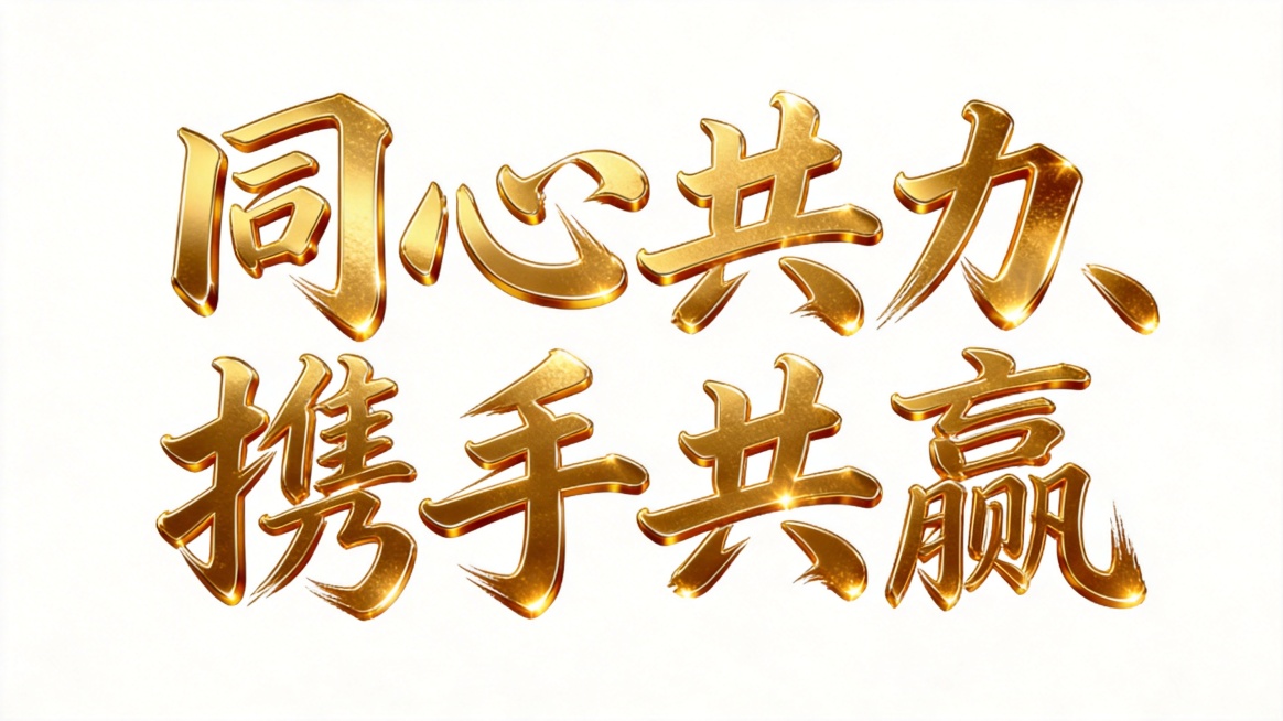将文字替换为"同心共力、携手共赢"，保持金色书法立体字体、光泽闪耀效果、白色背景预览效果