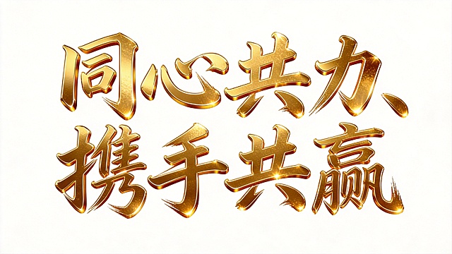 将文字替换为"同心共力、携手共赢"，保持金色书法立体字体、光泽闪耀效果、白色背景