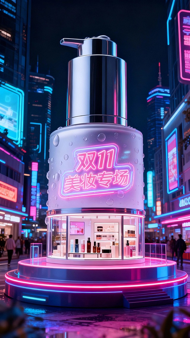 以科技感繁华街区为背景，中央是图中主体巨大化，主体倍放置在霓虹展台上，主体瓶身内设计成橱窗形式，无LOGO，瓶身内展示着各类化妆品。瓶身上挂着塑料霓虹灯牌效果“双11 美妆专场”。
