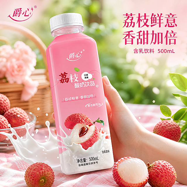 [主图-4] 爵心荔枝酸奶饮品场景体验展示图。
[氛围风格] 小清新夏日野餐风，清爽诱人；
[画质] 商业摄影质感、光线柔和通透、产品清晰真实、画面干净高级。
[元素] 荔枝口味爵心酸奶饮品放置在清新野餐垫上，旁边摆放新鲜剥开的荔枝果肉，有酸奶液体飞溅动态瞬间，一只手轻扶瓶身模拟拿取体验。产品保持原有外观物理结构、材质质感、颜色与输入图片绝对一致，杜绝任何变形和色差，精细化处理。背景虚化户外树荫草地，营造自然野餐场景感。商品主体占比约70%，画面满屏无边框。
[光影] 夏日自然柔光，透过树叶光斑效果，整体通透清爽，突出荔枝鲜嫩多汁质感。
[配色] 主色调粉色+绿色+米白，清新甜美小清新风格。
[视角构图] 第一人称抓拍视角，自然生活化，前景背景虚化突出产品主体。
[文字版式] 左上角放置原品牌Logo"爵心"，右上角大字写"荔枝鲜意 香甜加倍"，小字标注"含乳饮料 500mL"，文字深粉色与浅粉背景清晰对比，不遮挡产品主体。
[比例分辨率] 1:1比例，1000X1000PX，分辨率2K，文字清晰锐利，画面超高清。
[负向提示词] 变形，水印，文字错乱，产品图模糊，背景杂乱，色差