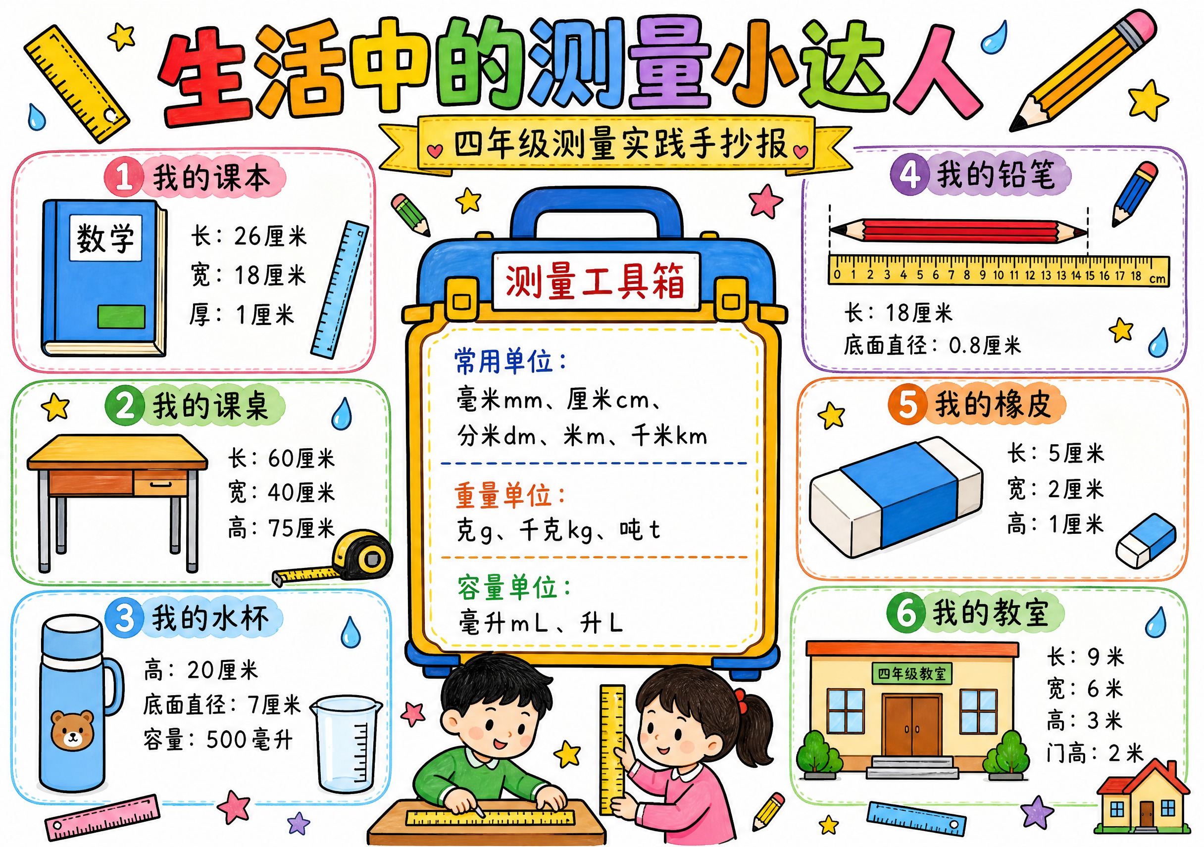 一张A4横版手抄报，主题为"生活中的测量小达人"，四年级数学测… - 图片创意预览