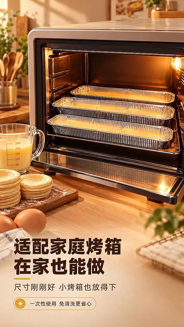 [商品] 使用【图1】长条形铝箔锡纸底托；保留底托外形、银色铝箔材质、竖向压纹、卷边结构，不得重新设计。
[画面] 目标：场景使用页，家庭烤箱烘焙场景，体现适配家庭烤箱尺寸。构图：底托放入家用小烤箱内，烤箱门半开，暖黄灯光照亮底托，旁边放一个装有蛋挞液的量杯和酥皮原料，营造家庭烘焙氛围，底托占画面45%。背景为温馨的家庭厨房环境，有木质台面和烘焙工具点缀，≥3层视觉层次。
[视觉] 套系策略：风格=暖棕调高级商业烘焙摄影；标题字=粗黑体厚重有力；正文字=简洁无衬线体；主色=银灰+暖棕；背景延展=基于暖棕色做深浅渐变、同色层级和细腻哑光质感；强调色=金黄烘焙色，仅用于小面积图标、引线和标签；标题色=深棕；正文色=暖棕灰；组件=圆角浅底信息卡、细线引线、金黄图标；光影=烤箱内暖黄光+环境暖柔光，金属表面有自然高光反射。
[文字] 画面下方主标题"适配家庭烤箱 在家也能做"，副标题"尺寸刚刚好 小烤箱也放得下"，小字标注"一次性使用 免清洗更省心"；所有文字横排。
[规格] 图片比例9:16竖版，2K分辨率，避免变形、错字、文字模糊、冷蓝背景、底托形状改变、参考图原有场景元素（如原图烤箱内部的污渍、文字等不得出现）。