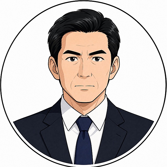 第三张：中年男性正面头像，黑色短发偏分，穿深色西装、白色衬衫、深蓝色领带，表情自然沉稳，略带严肃，正视前方，日式漫画风格，纯色白色背景，圆形构图，线条清晰，色彩柔和，与前两张画风一致。