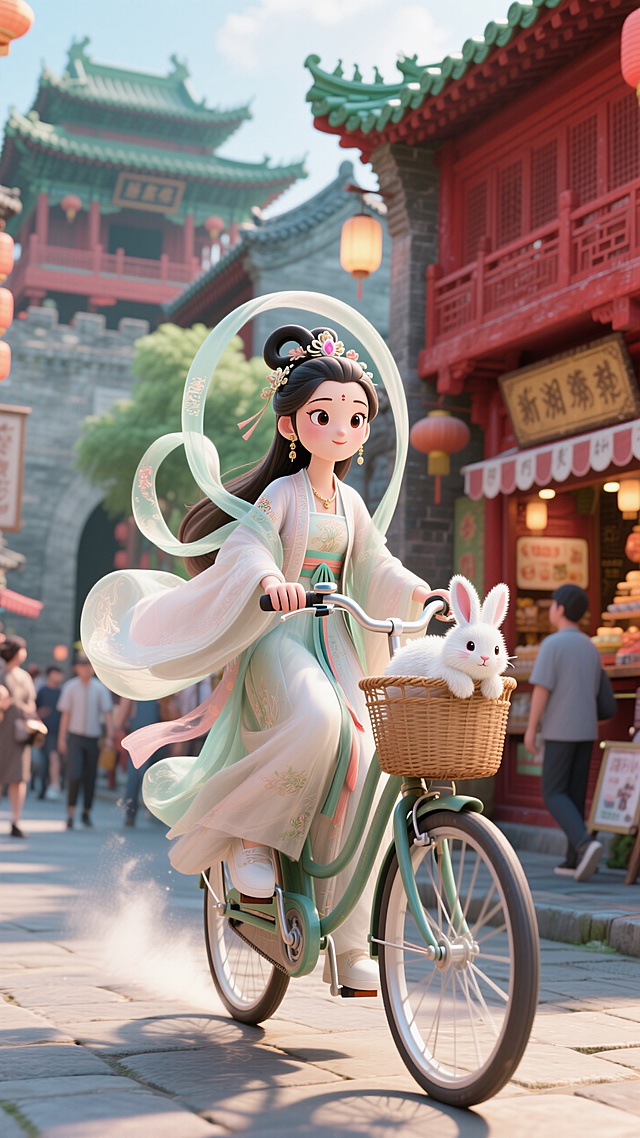 嫦娥在洛阳城骑单车，车篮里一只玉兔