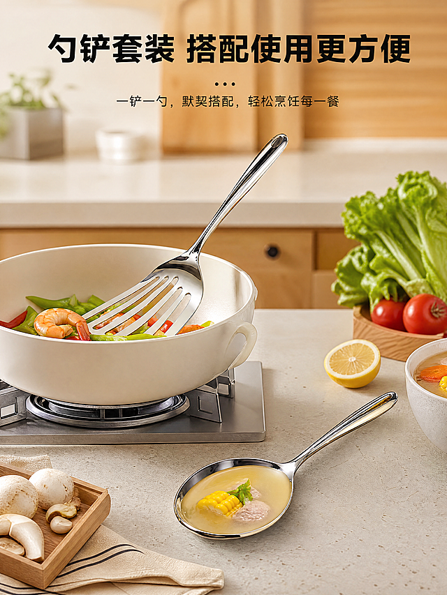 「图片1」，生成详情页，商品名称为316L食品抗菌级分餐勺 和316L食品抗菌级镂空铲，适详情1 材质卖点：316L食品级不锈钢
 
详情页头图，316L食品级不锈钢勺铲套装，搭配文字“食品级316L不锈钢 安全更耐用”，背景为淡蓝色渐变，产品居中，柔和光线突出金属光泽，专业产品摄影，干净高级，突出“食品接触级”卖点，无杂乱元素。
 
详情2 工艺卖点：镜面抛光+一体成型
 
特写镜头，勺铲手柄与头部的连接处，一体成型无缝工艺，微距拍摄，无焊点无毛刺，镜面抛光表面反光均匀，侧光勾勒边缘，浅灰色背景，文字标注“一体成型 光滑无死角”，电商详情页，8K高清，细节清晰。
 
详情3 功能卖点：漏铲沥水设计
 
场景使用图，漏铲正在沥干食物水分，漏孔设计清晰可见，搭配白色碗和蔬菜，动态水流效果，自然光氛围，突出沥水功能，浅木色背景，生活化场景，专业产品摄影，突出实用性。
 
详情4 功能卖点：加深勺头大容量
 
特写镜头，加深勺头的横截面，展示大容量设计，搭配米饭/汤羹，勺头饱满圆润，金属光泽柔和，侧光突出勺头深度，纯白背景，文字标注“加深勺头 一舀满足”，电商详情页，高清质感。
 
详情5 细节卖点：加厚防滑手柄
 
特写镜头，勺铲的加厚手柄，展示人体工学曲线设计，握感饱满，无毛刺无棱角，侧光突出手柄厚度和防滑纹理，浅灰色背景，搭配手部握持示意图，突出握感舒适，专业产品摄影。
 
详情6 场景适配：多场景使用
 
多场景拼贴图，316L勺铲在厨房炒菜、餐厅分餐、家用盛汤的不同场景，明亮温馨的厨房环境，暖光氛围，突出产品适配多种使用场景，ins简约风，电商详情页，整体协调，画面干净。
 
详情7 安全卖点：耐高低温/耐腐蚀
 
对比示意图，左侧为316L勺铲在高温锅中使用（无变形），右侧为普通不锈钢餐具（轻微变形），背景为厨房灶台，光线柔和，突出耐高低温特性，文字标注“耐高低温 不易腐蚀”，专业电商详情页，对比鲜明。
 
详情8 清洁卖点：易清洗不藏污
 
场景展示，勺铲用清水冲洗，表面无残留污渍，光滑的镜面表面，水流自然滑落，纯白背景，侧光突出金属光滑质感，文字标注“镜面工艺 一冲即净”，突出易清洁优势，高清质感。
 
详情9 套装搭配：勺铲组合使用
 
场景图，勺铲套装搭配使用，漏铲炒菜，勺子盛汤，放在厨房台面上，搭配锅具和食材，暖光氛围，生活化场景，突出套装实用性，ins简约风，电商详情页，整体明亮干净。
 
详情10 售后/品质保障
 
详情页收尾图，316L不锈钢勺铲套装，背景为淡金色渐变，搭配文字“食品级材质 品质保障”，产品居中，柔和光线突出质感，整体高级简约，突出品牌品质，无多余装饰，专业电商详情页。