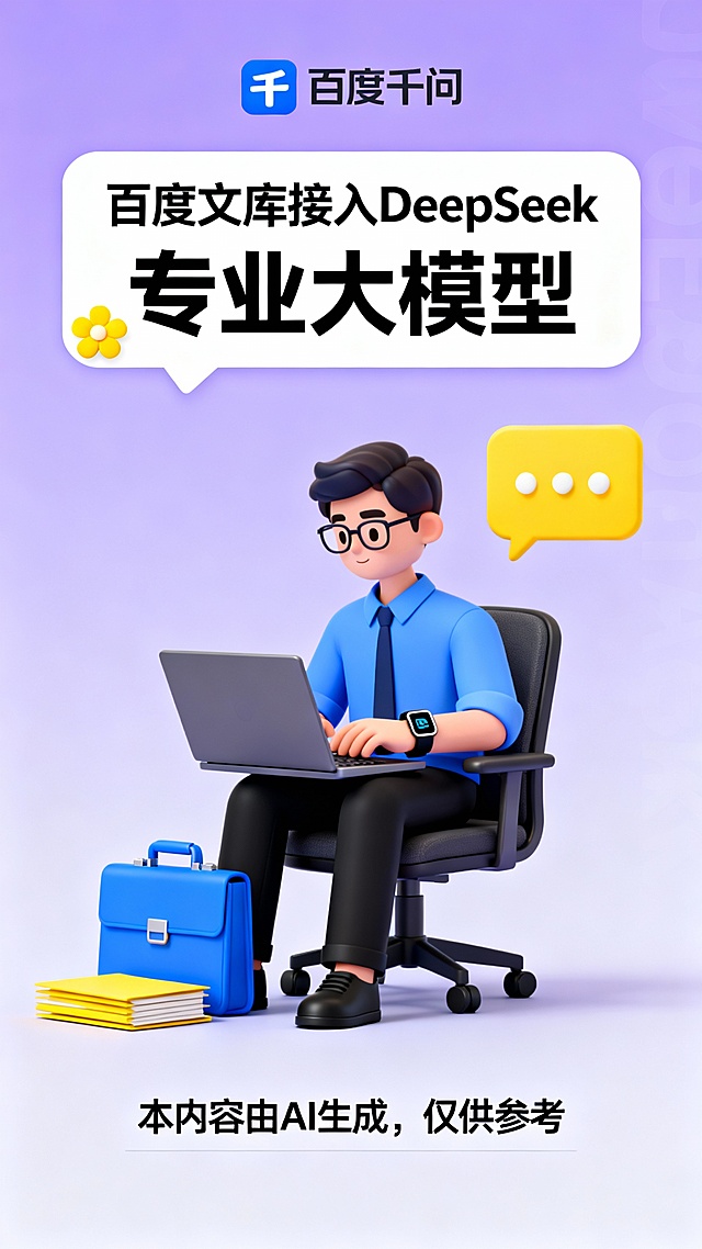 竖版上下分层广告版式，浅紫色渐变背景。顶部蓝色千问logo，白色对话框标题“百度文库接入DeepSeek”与“专业大模型”，配黄色小花点缀；中央3D卡通男性角色（蓝衬衫、黑裤、眼镜、智能手表）坐办公椅使用笔记本电脑，旁置蓝色公文包与黄色文件，右侧黄色对话气泡强化互动感。底部黑色文字“本内容由AI生成，仅供参考”。场景聚焦职场会议纪要生成，构图以人物为中心，视觉焦点集中于标题与角色操作，色彩以紫、蓝、黄为主调，明快清新。画面风格为3D卡通渲染，细节简洁生动，背景无冗余元素，突出AI工具高效办公功能，适合职场类广告投放，强化产品解决会议总结痛点的实用价值。