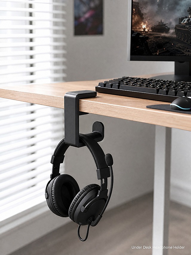 [主图-4] Gaming Headphone Hook Hanger Under Desk Mount 真实使用场景图，展示游戏玩家桌面使用场景。
[统一基调] 跨境电商真实场景风格，现代简约游戏桌面环境，自然室内光线，氛围沉浸。
[画面] 现代简约风格的游戏桌面场景，浅木色桌面上摆放着黑色机械键盘、显示器底座一角和鼠标。桌面下方边缘夹着黑色耳机挂钩支架，挂钩上悬挂一副黑色头戴式游戏耳机（带麦克风），耳机线整齐地卡入底部线缆收纳钩中，线材不再杂乱垂落。画面为侧面视角，可以看到完整的桌面厚度和支架夹持状态。背景是模糊的白色百叶窗和浅灰色墙面，景深效果突出产品和耳机。整体氛围整洁、专业，体现电竞桌面收纳解决方案。
[光影质感] 自然光从左侧百叶窗透入，柔和均匀，桌面有自然反光，产品与桌面接触真实，阴影自然，整体为真实生活摄影质感。
[配色] 浅木色桌面，黑色产品和耳机，白色和浅灰背景，整体色调干净明亮。
[文字版式] 画面右下角小字"Under Desk Headphone Holder"白色细体，不遮挡主体。
[输出要求] 3:4比例，场景真实自然，产品清晰，无变形、穿模、悬浮、水印、平台Logo。