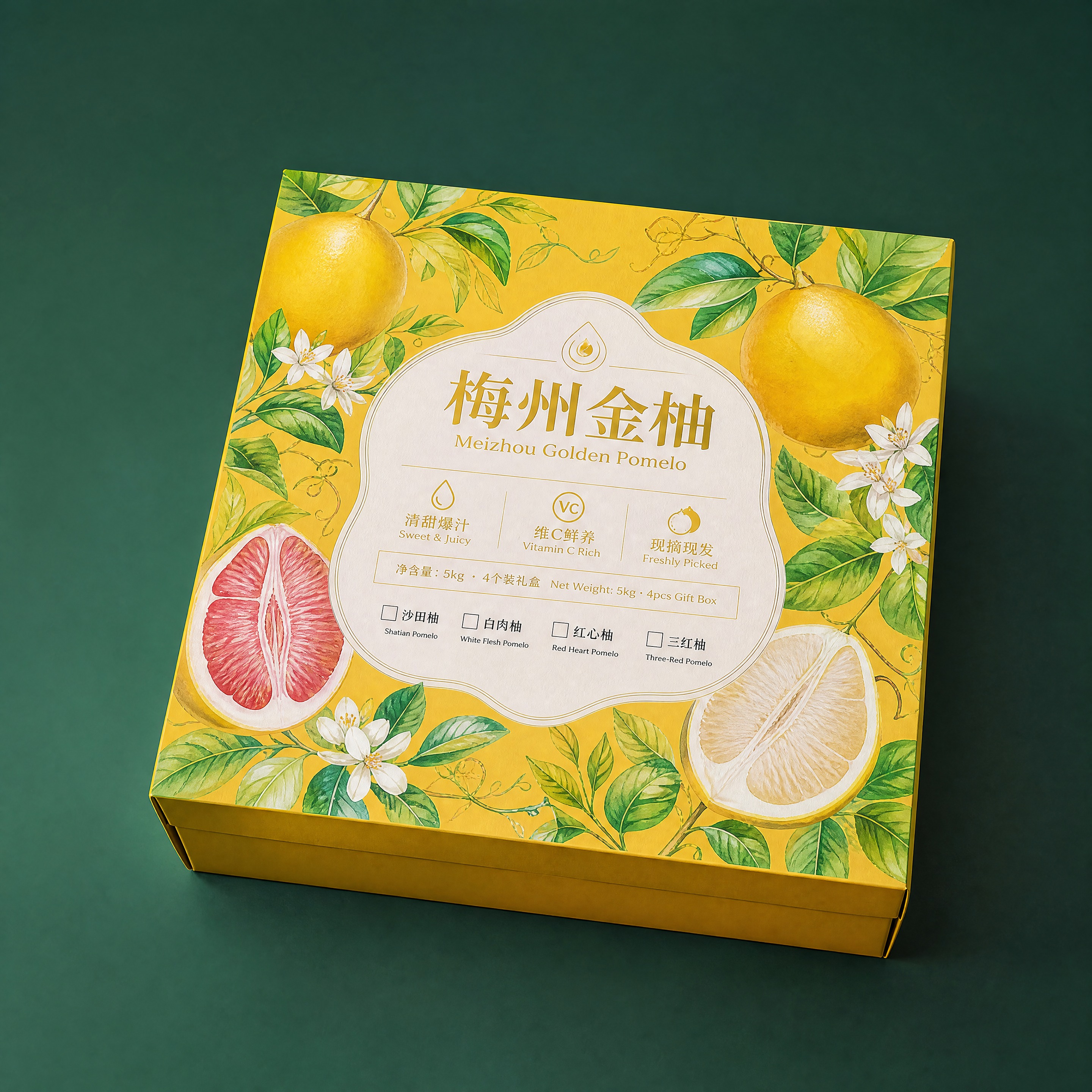 商业产品摄影图，展示一款方形天地盖结构的高端梅州金柚水果礼盒包… - 图片创意预览