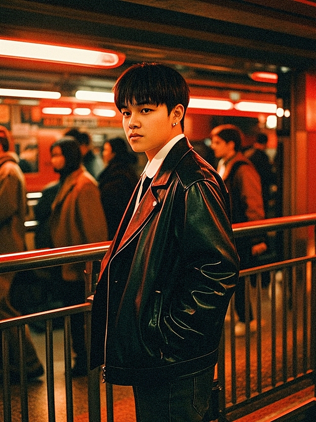 一个男生左侧侧影，参考图脸型发型不变，黑色皮衣，痞帅，白色衬衫，地下地铁，红色灯光，伦勃朗光 人物微胖