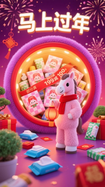 生成年货节日用品促销 3D 萌系海报，主色调紫红渐变 + 暖金：巨型红边敞口 礼盒舱（舱内暖光照明），舱内堆满粉白格纹包装日用品（印卡通形象），舱外站穿粉色毛绒外衣拟人形马（戴红围巾，手持小红灯笼），预览效果