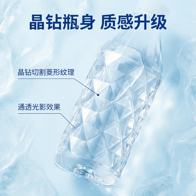 [主图 2 核心亮点展示] 娃哈哈晶钻水饮用纯净水，突出晶钻瓶身设计卖点。主体为一瓶晶钻水特写，聚焦展示瓶身独特的晶钻切割菱形纹理，背景搭配淡蓝色冰山纹理背景，干净通透。标题 "晶钻瓶身 质感升级"，预览效果