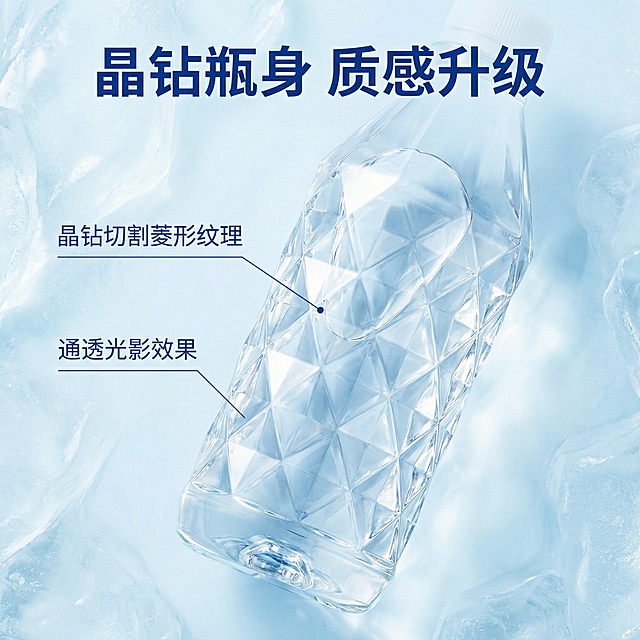 [主图 2 核心亮点展示] 娃哈哈晶钻水饮用纯净水，突出晶钻瓶身设计卖点。主体为一瓶晶钻水特写，聚焦展示瓶身独特的晶钻切割菱形纹理，背景搭配淡蓝色冰山纹理背景，干净通透。标题 "晶钻瓶身 质感升级"，细引线连接瓶身菱形切面标注特色设计，文字为深蓝色无衬线体，悬浮于背景留白处，不遮挡产品核心细节。保持产品外观与原图一致，光影通透自然，突出瓶身切割的立体感和设计感。