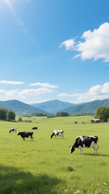 写实风格牧场场景，广阔的绿色草地上，几只黑白相间的奶牛在悠闲地吃草和漫步，远处是连绵的山脉，天空湛蓝，飘着几朵白云，阳光明媚，光线充足，整体氛围宁静自然，充满生机与田园气息。预览效果