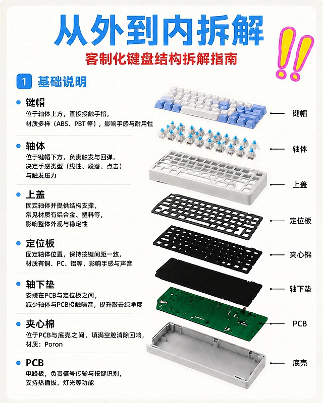 严格按照要求调整顺序：从上到下的部件顺序必须为 键帽、轴体、上盖、定位板、轴下垫（黑色镂空款）、夹心棉（黑色整块）、PCB、底壳。每个部件必须和右侧文字标注一一对应：轴下垫那一块实物对应右侧文字标注"轴下垫"，夹心棉那一块实物对应右侧文字标注"夹心棉"，确保轴下垫实物在夹心棉实物上方，夹心棉实物在轴下垫下方PCB上方，所有左侧文字和右侧标注文字保持不变，只交换两个实物的位置，保证每个实物对应正确标注，整体版式、配色、风格完全不变，清晰4K画质