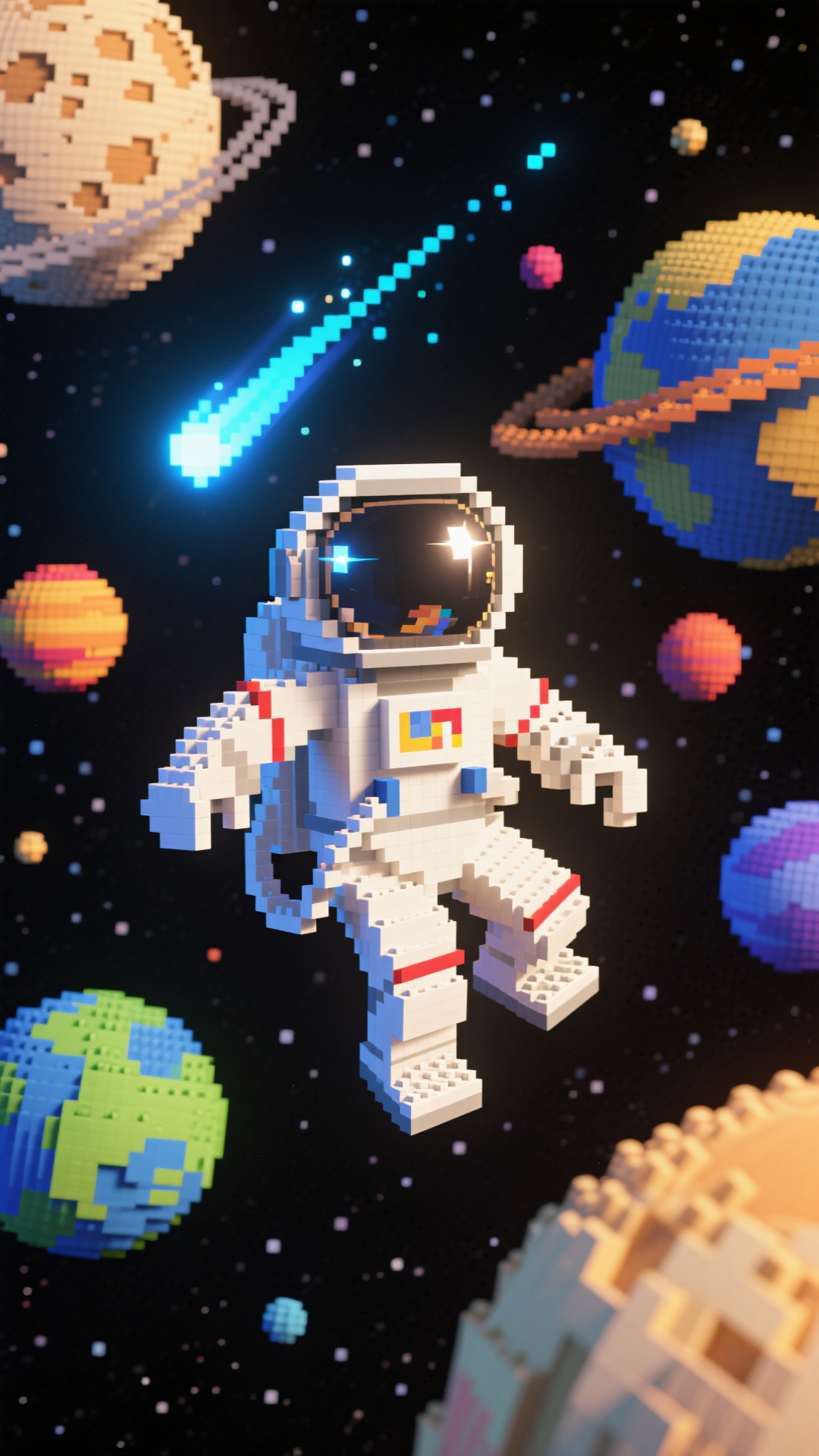 一个宇航员在宇宙中流量，背景色黑色的宇宙，星球和流星 - 图片创意预览