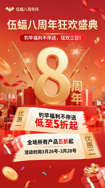 基于该海报模板，改为伍蝠八周年活动风格，整体红色喜庆大气高大上，有烟花、礼盒等热闹的促销氛围，文案替换为：标题是伍蝠八周年狂欢盛典，突出三个活动信息："钓竿福利不停送"，"全场所有产品五折起"，"活动预览效果