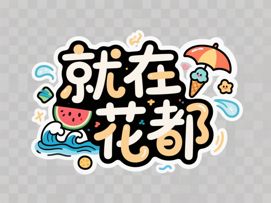 创意字体设计，文字内容为“就在花都”，融合夏日元素如西瓜、海浪、冰淇淋、太阳伞，采用中式涂鸦风格，结合卡哇伊艺术特点，融入日式字体的圆润笔触，线条流畅且富有动感，整体设计活泼可爱，背景透明预览效果