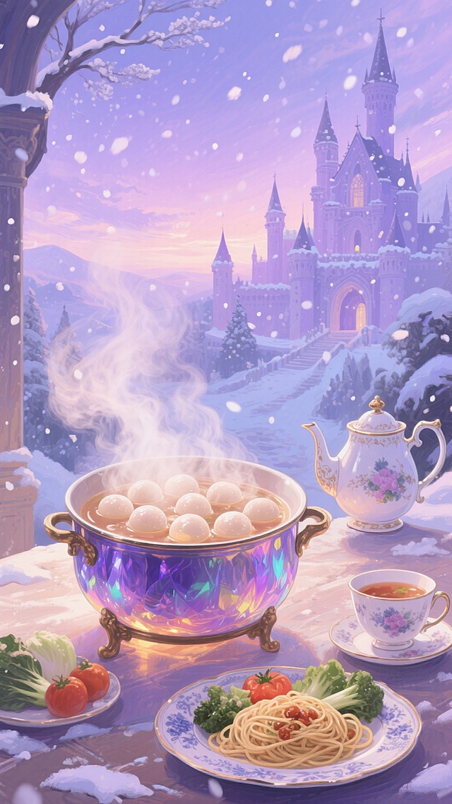 梦幻雪景中的宫廷茶会，玻璃质感的汤锅氤氲热气，搭配精致插画风餐具与欧式城堡背景，营造出唯美浪漫的冬日温馨氛围。