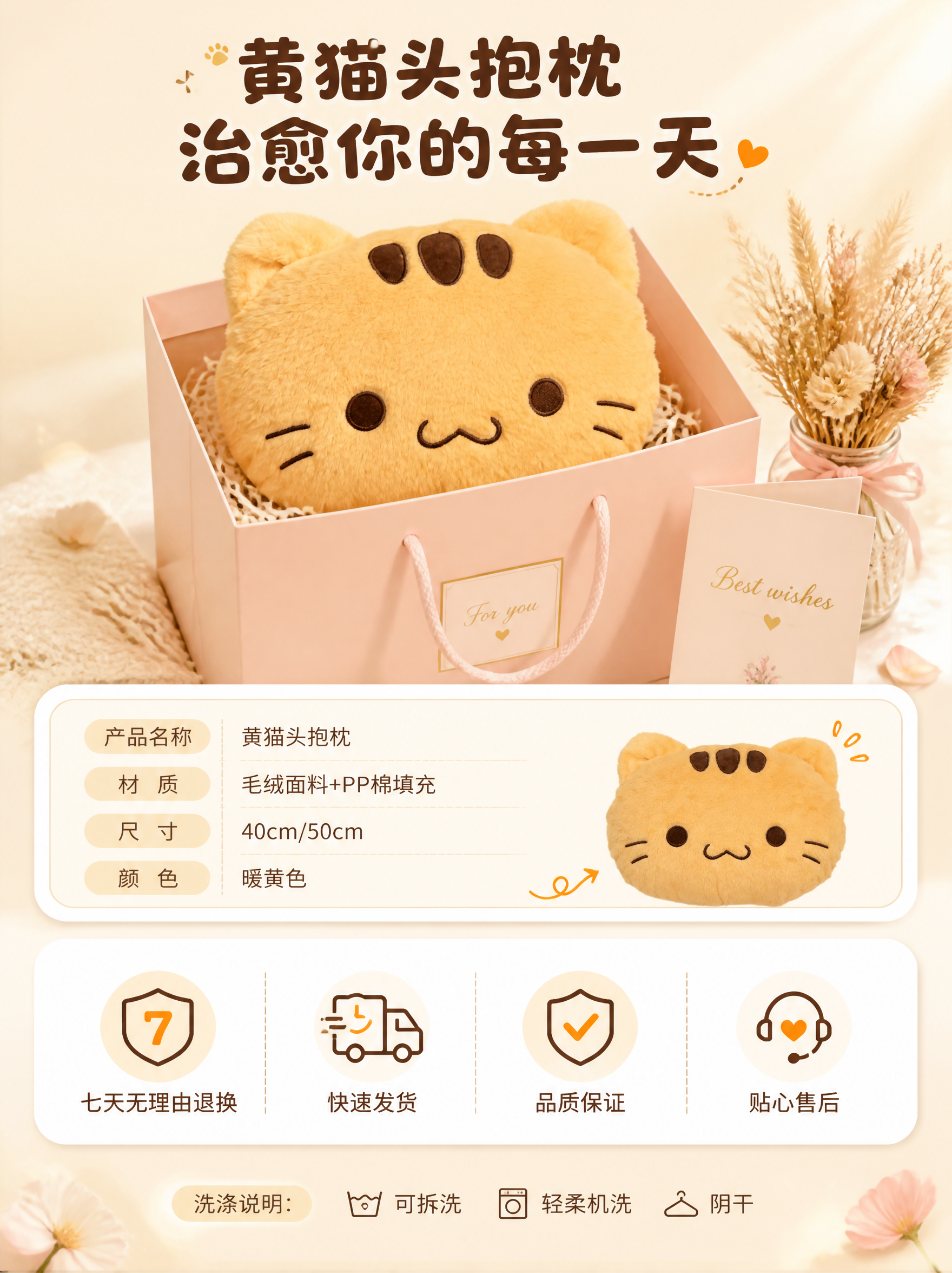 [商品] 使用【图1】黄猫头抱枕；保留暖黄色毛绒材质、头顶三道… - 图片创意预览