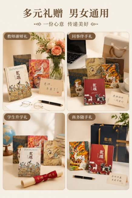 [第5屏] 送礼场景页-敦煌文创笔记本多元礼赠场景展示。本屏使用【图2】展示多款集合。
[氛围/风格] 多场景拼图，温暖雅致，适合送礼氛围，清新明快视觉。
[元素布局] 四宫格布局，分别展示教师谢师礼预览效果