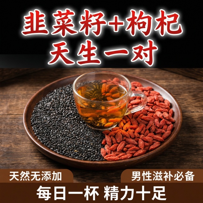 生成五张一个盘子里一半韭菜籽一半枸杞组合主图，抖音爆款主图预览效果