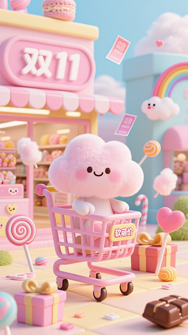 软3D风格的云朵拟人形象推着购物车，置身梦幻糖果世界，搭配双11促销元素，萌趣十足，传递甜蜜可爱与节日购物的欢乐氛围。