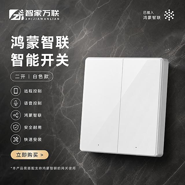 智家万联鸿蒙智联智能开关海报，二开白色款。所有文案、logo、排版、按钮、图标完全保持不变。产品是白色玻璃双开智能开关，与原图产品外观完全一致。背景更换为更高级好看的深灰色大理石纹理，带有细腻的白色石纹和轻奢质感，光影柔和高级，比原图背景更有层次感和奢华感，整体色调统一高级，突出白色开关产品。底部说明文字保持不变