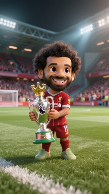 Q版风格，利物浦-Mohamed Salah，3D卡通风格，身体显示完整，侏儒比例，手办感觉，眼神笑眯眯，C4D渲染有反光，皮肤非常精致光滑，手捧英超联赛奖杯，背景是有观众的足球场预览效果