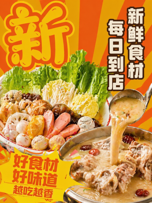 按照参考图的风格生成外卖商家照片墙，采用橙黄色放射背景，大字体加粗文字文案，展示麻辣烫食材和骨汤，风格复古食欲感，文字内容："新", "新鲜食材每日到店", "好食材好味道", "越吃越香"预览效果