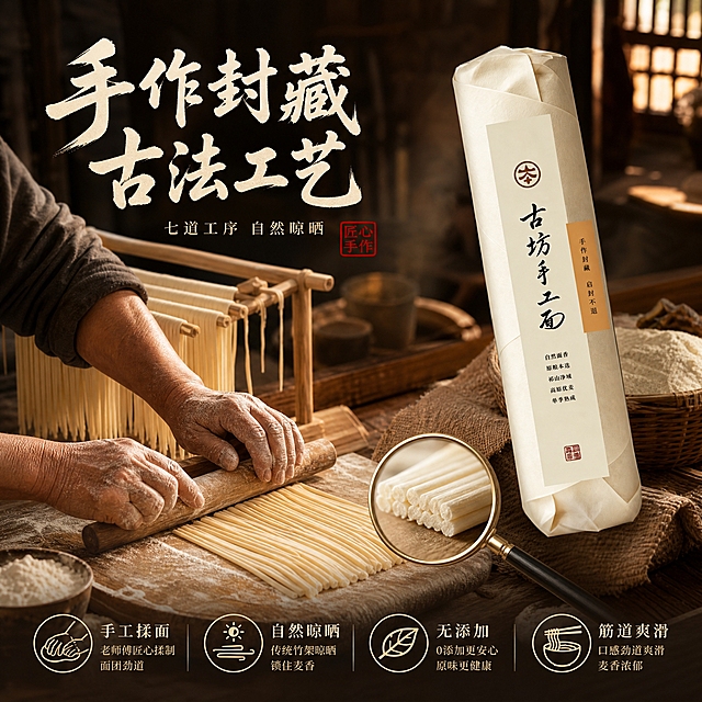 [主图-3] 手工工艺细节图，展示手作封藏的传统工艺与面条品质细节。
[统一基调] 整体国风质朴暖调，背景主色为深木棕+暖黄灯光，标题字色米白，辅助字色浅金，强调色朱红印章色；主标题用粗笔刷书法字，辅助文案用细宋体。
[画面] 产品纸筒包装斜放在画面右上方，占比约35%，包装外观与输入图完全一致。左下方特写展示手工挂面制作细节：一双老师傅的手正在擀面/挂面，案板上有整齐排列的生面条，面条粗细均匀、有手工质感；旁边放着竹制挂面架，上面挂着几缕面条；背景为传统木构厨房，暖黄灯光，有烟火气。用放大镜效果圈出面条截面，展示面条筋道纹理。
[光影质感] 暖黄室内灯光，侧光突出面条纹理和手部动作，产品包装有自然光影，整体温暖有生活气息，商业摄影质感。
[配色] 深木棕背景+暖黄灯光+米白标题+朱红印章，温暖质朴。
[文字版式] 画面左上角主标题粗笔刷书法字"手作封藏 古法工艺"，下方细宋体小字"七道工序 自然晾晒"；画面底部横向排列四个小卖点图标文字："手工揉面""自然晾晒""无添加""筋道爽滑"；文字清晰可读。
[输出要求] 1:1正方形，2048px，文字清晰无错字，产品包装外观与原图一致，手工场景真实有质感，无水印无平台Logo，禁止变形、错字、模糊、手部畸形。