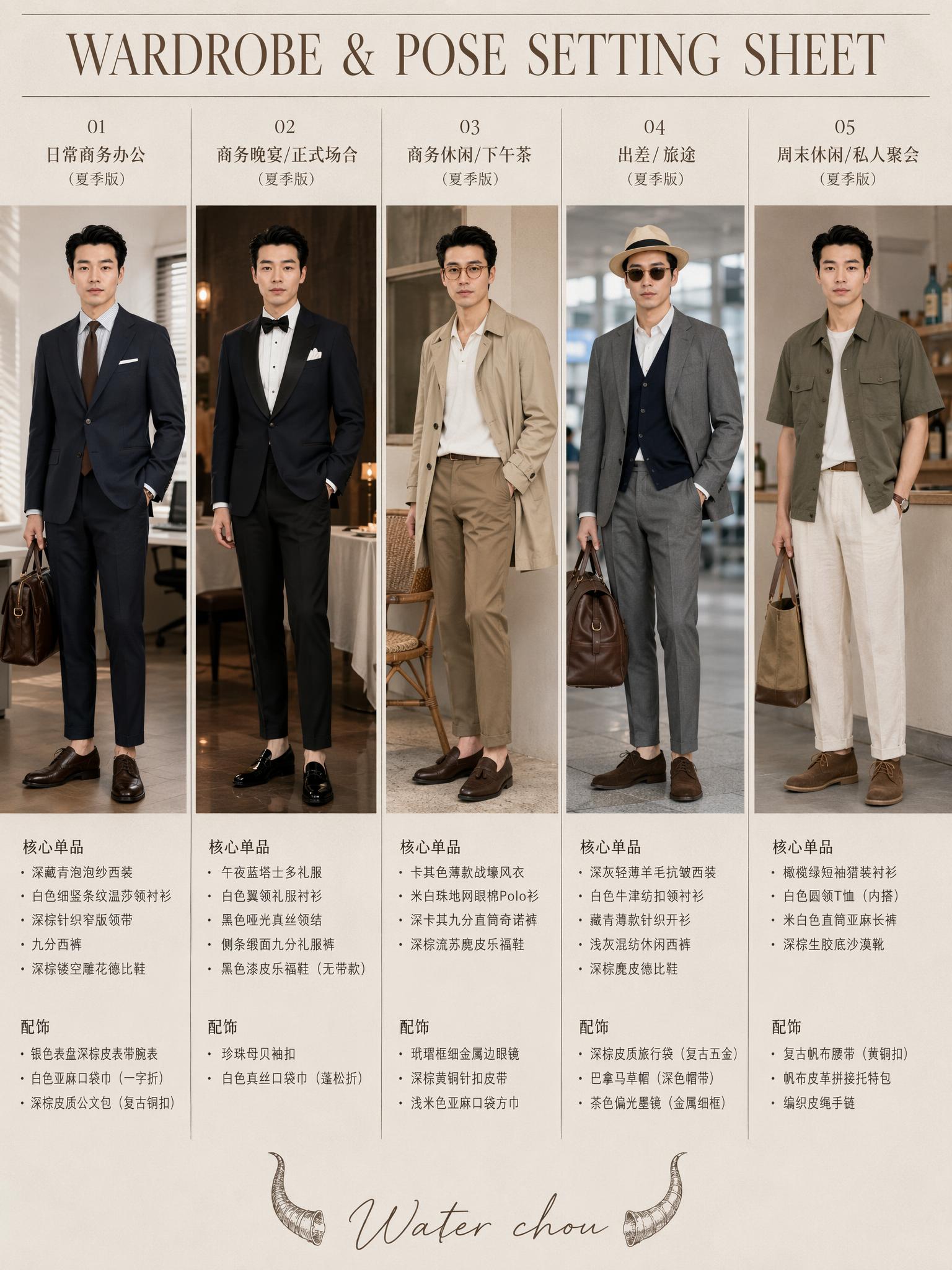 基于参考图中的男性角色形象，生成第二张角色设定表——多种穿搭与… - 图片创意预览