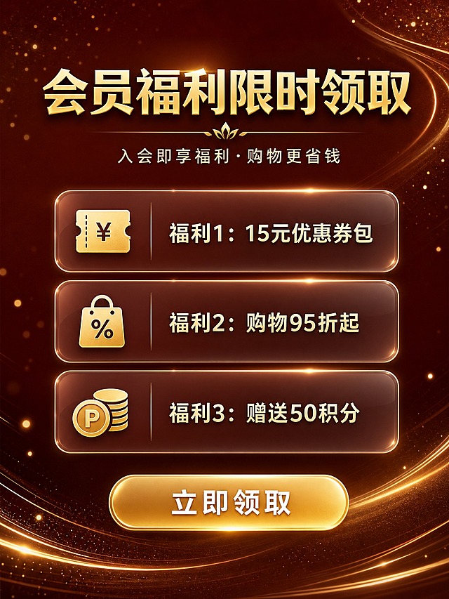 一张高端会员福利弹窗卡片海报，深红棕渐变底色，金色流光效果点缀，玻璃拟态半透明卡片，高级尊贵感，简洁明了。画面顶部居中大标题"会员福利限时领取"，金色粗体字，下方副标题小字"入会即享福利·购物更省钱"，浅金色。中间区域三张纵向排列的福利卡片，玻璃拟态半透明圆角矩形，每张卡片左侧有金色图标，右侧文字：第一张"福利1：15元优惠券包"，第二张"福利2：购物95折起"，第三张"福利3：赠送50积分"。底部一个醒目的金色渐变圆角按钮，按钮内白色文字"立即领取"。背景有细微的金色粒子光点和流光曲线装饰，整体版式精美，信息层级清晰，福利突出，四周留有舒适边距。画面中所有数字必须精确渲染，不得错位、遗漏或编造。画面中所有信息区域、福利条目必须填充完整合理的内容，不得出现空白框或待填写区域。